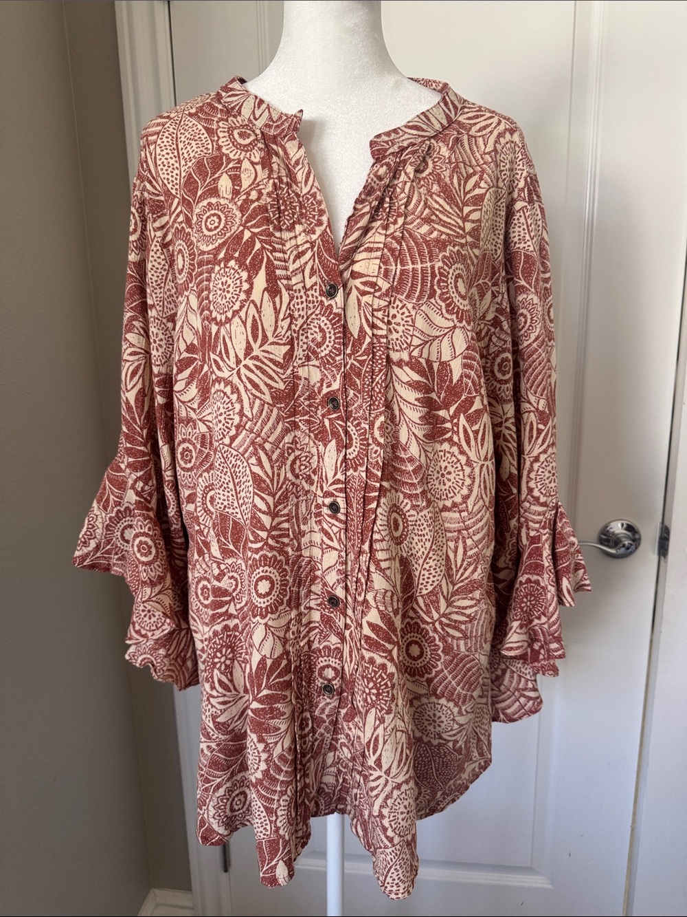 Boho Floral Button-Front Tunic Top - Rust Cream